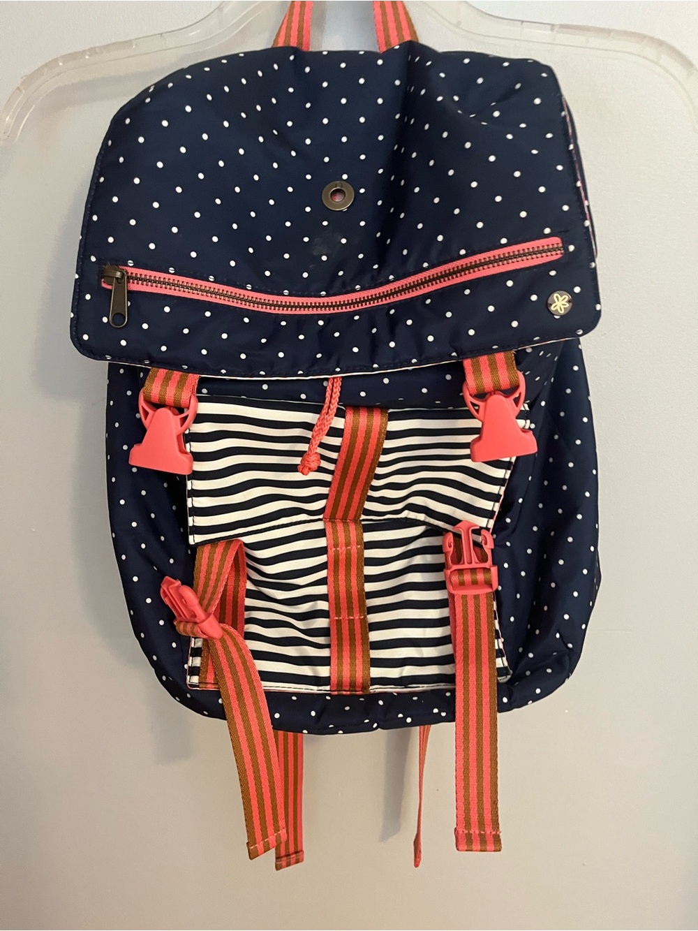Matilda Jane Navy Polka Dot Kids Backpack with Coral Accents